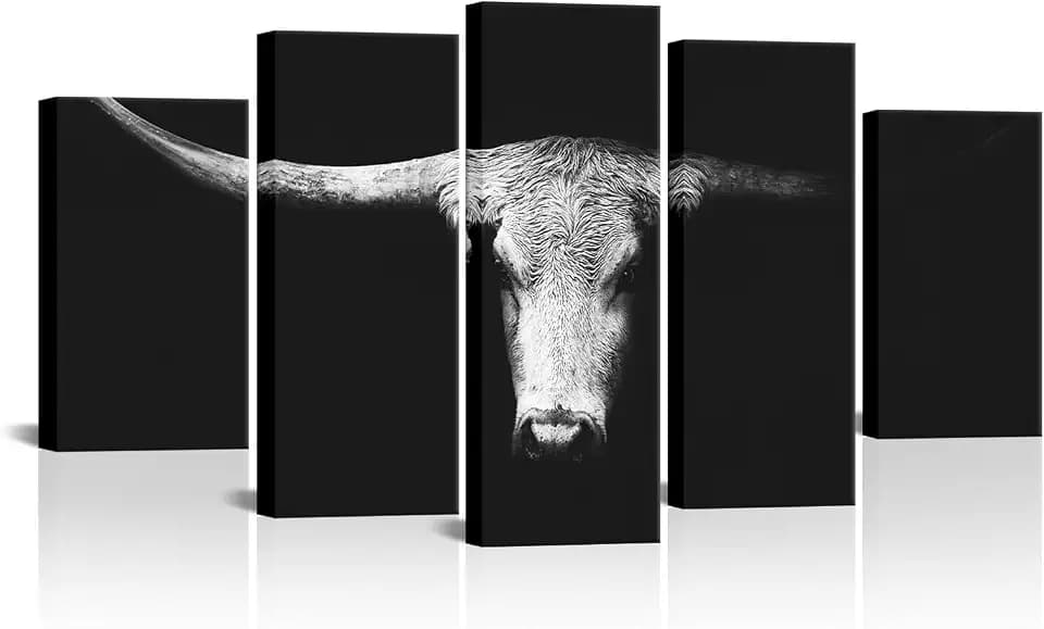 LevvArts Large 5 Pieces Longhorn Cow Canvas Wall Art Black and White Western Cattle Portrait Photo Painting Modern Man Cave Home Office Living Room Decor