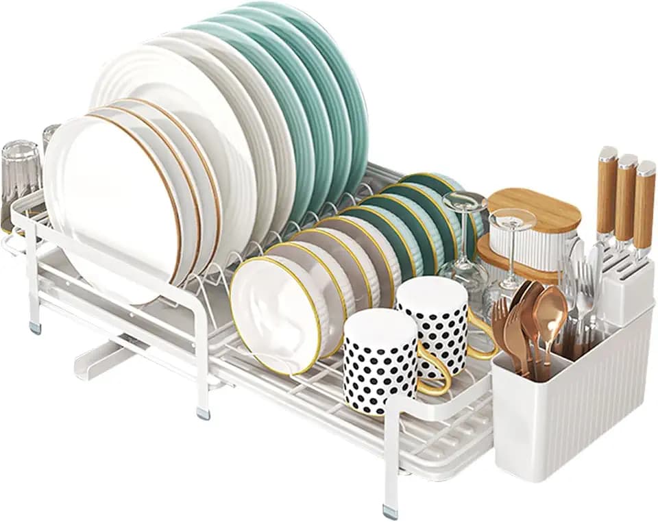 Abtropfgestell Geschirr Ausziehbar Geschirrabtropfgestell mit Abtropfschale Metall Geschirr Abtropfständer für Küche Erweiterbar Dish Drying Rack mit Besteckhalter und Tassenhalter (Weiß)
