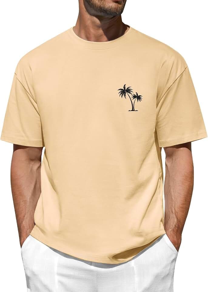 TOMEEK Herren Oversize T Shirt Sommer, Baumwolle T-Shirt Rundhals Kurzarm Lose Casual Tshirt Palm Gemustert Mode Männer Oberteile Basic Top