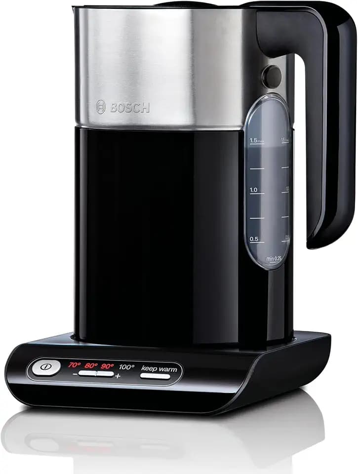 Bosch kabelloser Wasserkocher TWK8613P, Abschaltautomatik, Überhitzungsschutz, Temperaturwahl, Warmhaltefunktion, 1,5 L, 2400 W, schwarz