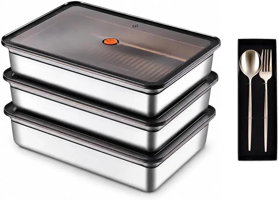 3-Pack Stainless Steel Food Storage Containers with Airtight Lids - Vacuum Seal Meal Prep Containers for Fridge Organization - Leakproof & Stackable Food Storage Set for Kitchen Freezer & Oven Safe