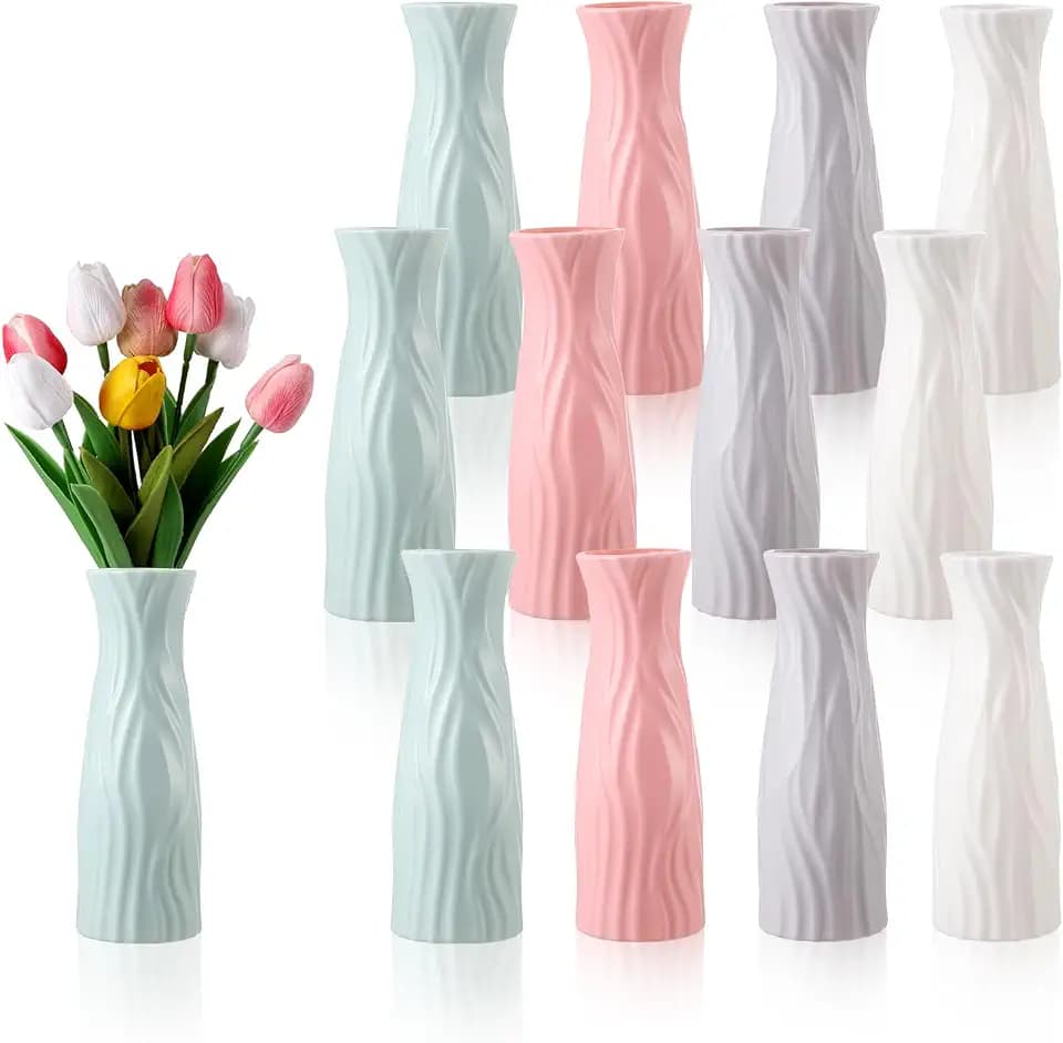 FRIUSATE 12 Pack Plastic Flower Vase Bulk, Flower Vases for Centerpieces