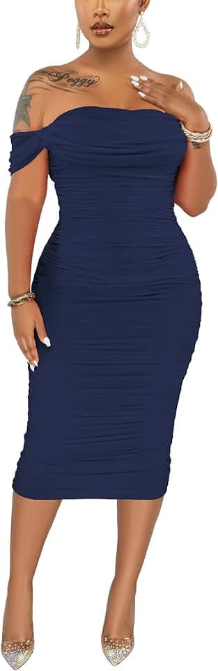 Fooullaide Women's Sexy Off Shoulder Sleeveless Bodycon Ruched Midi Dress