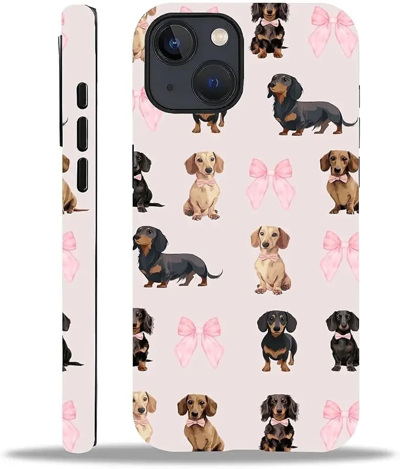 Compatible with iPhone 15 Case, Dachshund Pink Bow Pattern Print Matte Phone Case Durable Fashion Funny Liquid Silicone Case Soft Anti-Scratch Shockproof Protective Cover