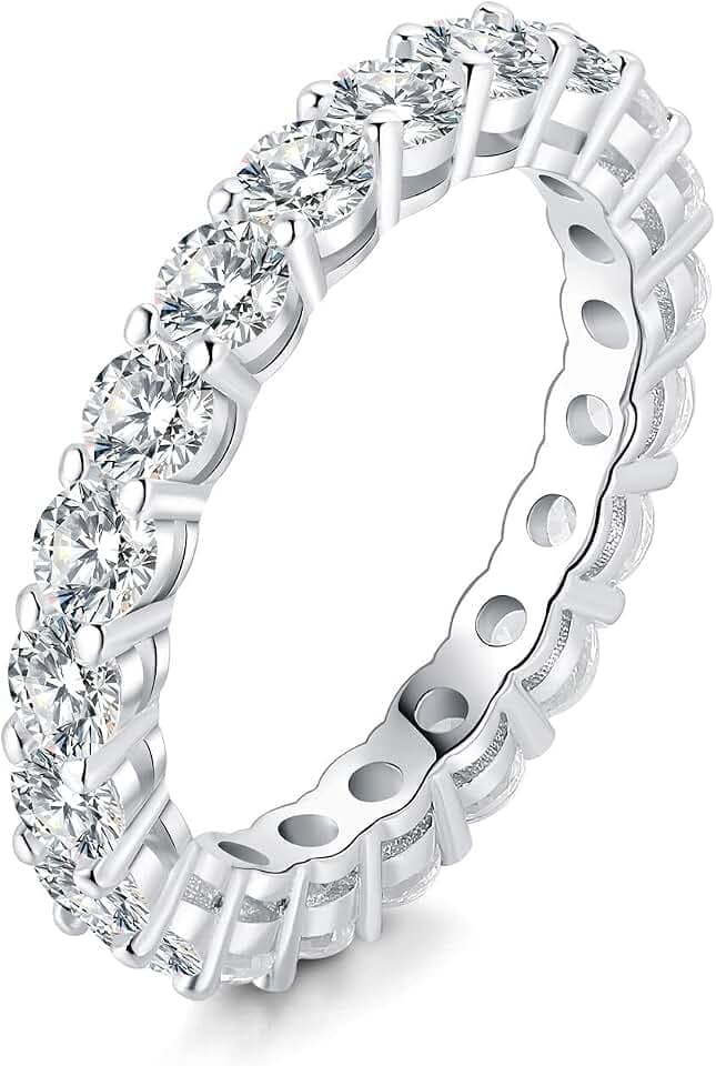JewelryPalace 6 Stone Cubic Zirconia Half Eternity Stackable Wedding Rings for Women, 14K White Yellow Rose Gold Plated 925 Sterling Silver Promise Rings for Her, Simulated Diamond Wedding Band Ring