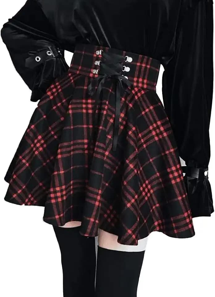 Damen Plaid Glencheck A-Linie Hohe Taille Flare Plissee Mini Schwarz Rock Kleid