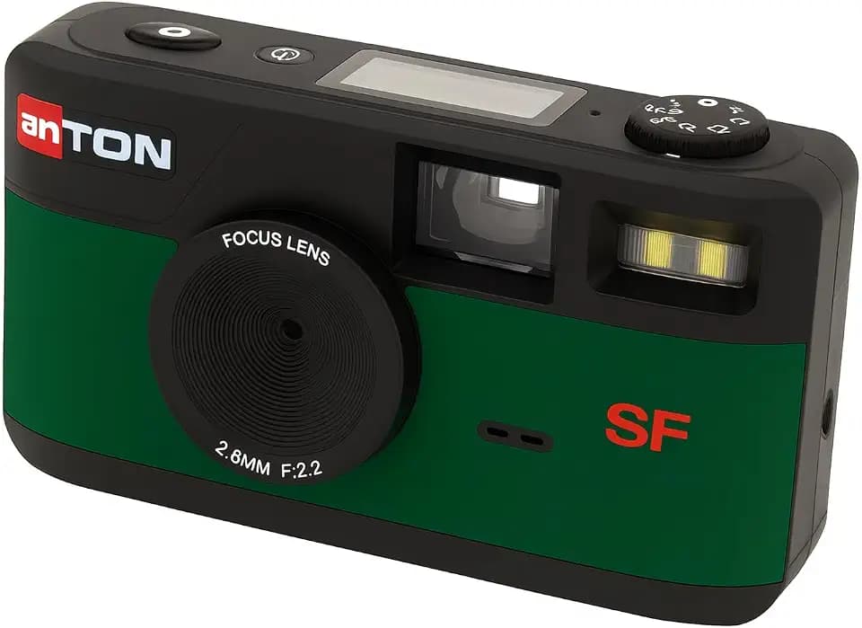 Anton Screen Free Digitalkamera Grün mit Vintage Sucher/USB-C Kabel für Bilderübertragung z. B. direkt auf EIN Smartphone.
