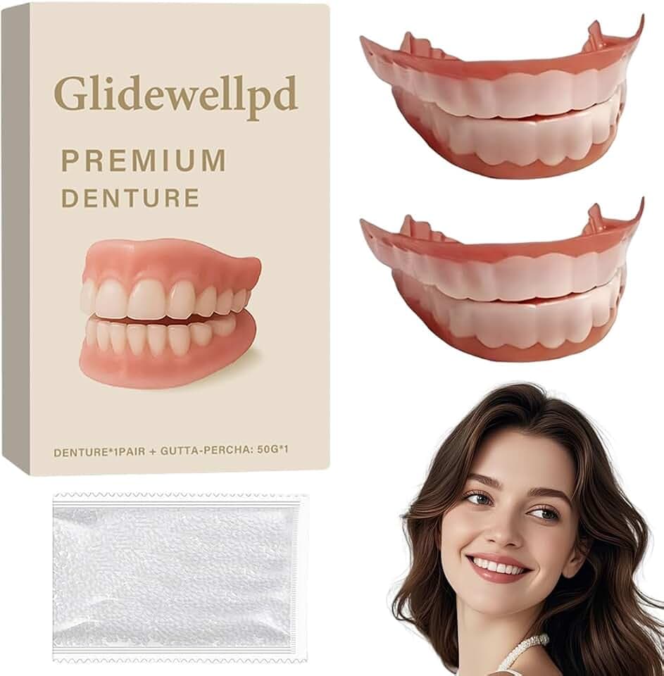 GXGM 2 Sets Zahnprothesen, Zahnersatz Prothese Komplett, Premium-Zahnprothesen, weiches und sicheres formbares Kunstgebiss-Set, Silikon-Unterfütterungsset für Männer und Frauen, mit 50g Zahnungsgel(C)