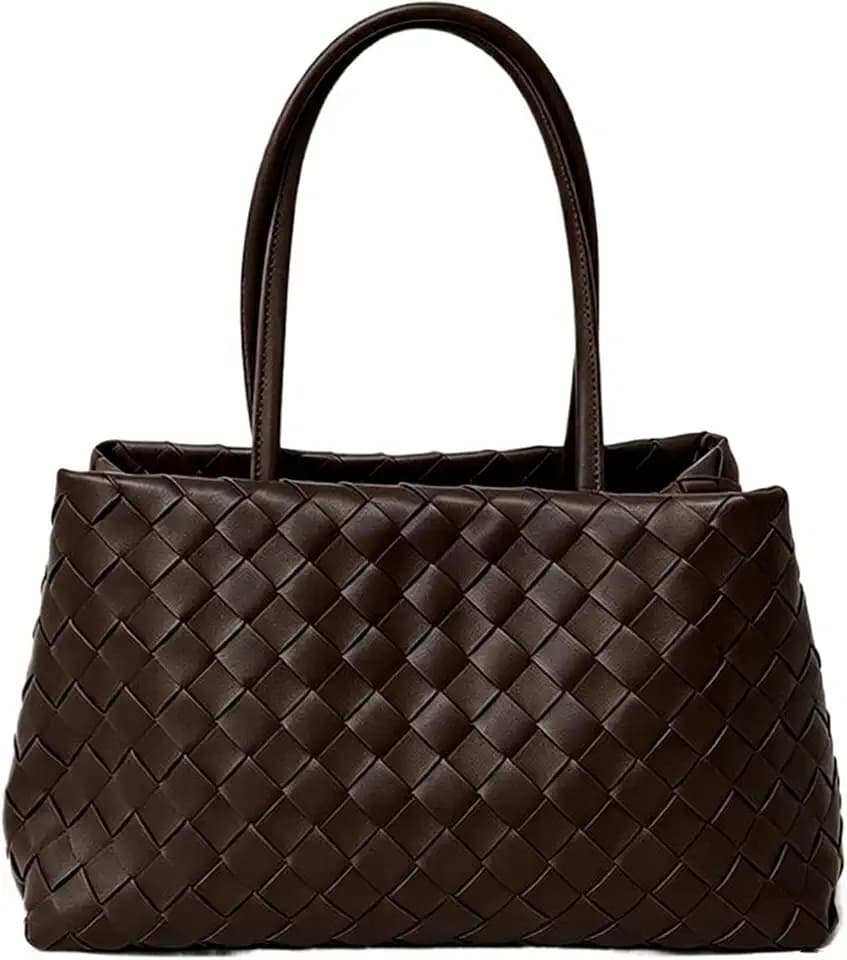 Vegan Leather Woven Shoulder Tote Bag, Soft Large Capacity Women Handbag