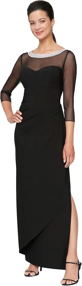Alex Evenings Women's Long Matte Jersey Mother of The Bride Dress with 3/4 Illusion Sleeves (Petite and Regular Sizes)