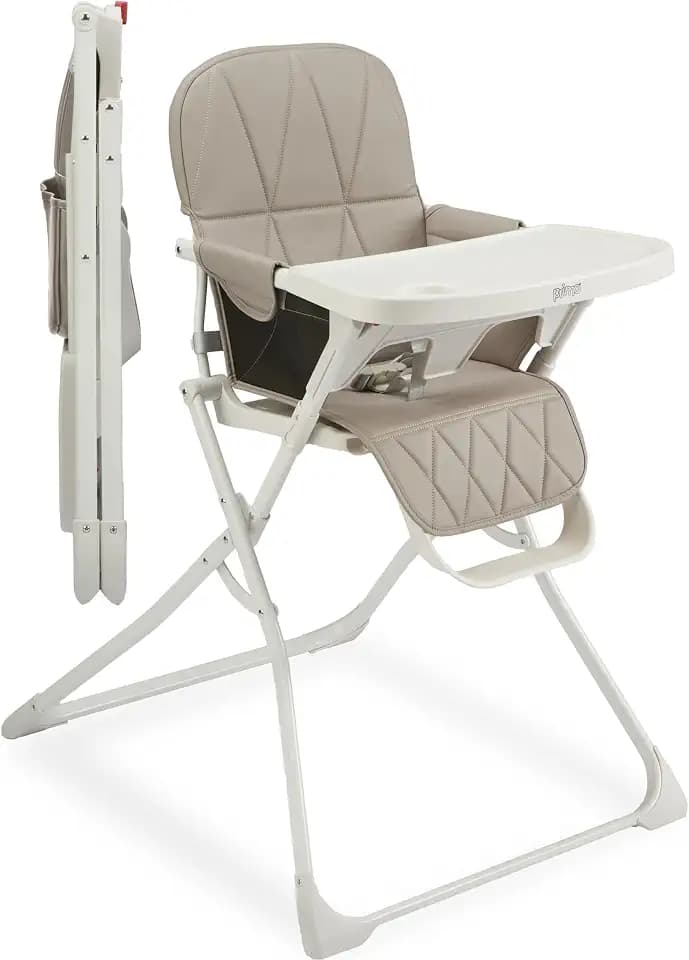 Primo PopUp Folding High Chair for Baby Age 6 to 36 Months - Taupe Folding Beach Style High Chair with Removable Dishwasher Safe Tray, 3pt Safety Harness, Leatherette Seat - Space Saving Design