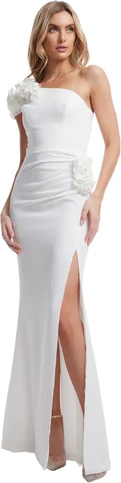 Dress the Population Women's Aubrielle Stretch Crepe, Maxi, Mermaid, One Shoulder Neck Dress, Off White, X-Large