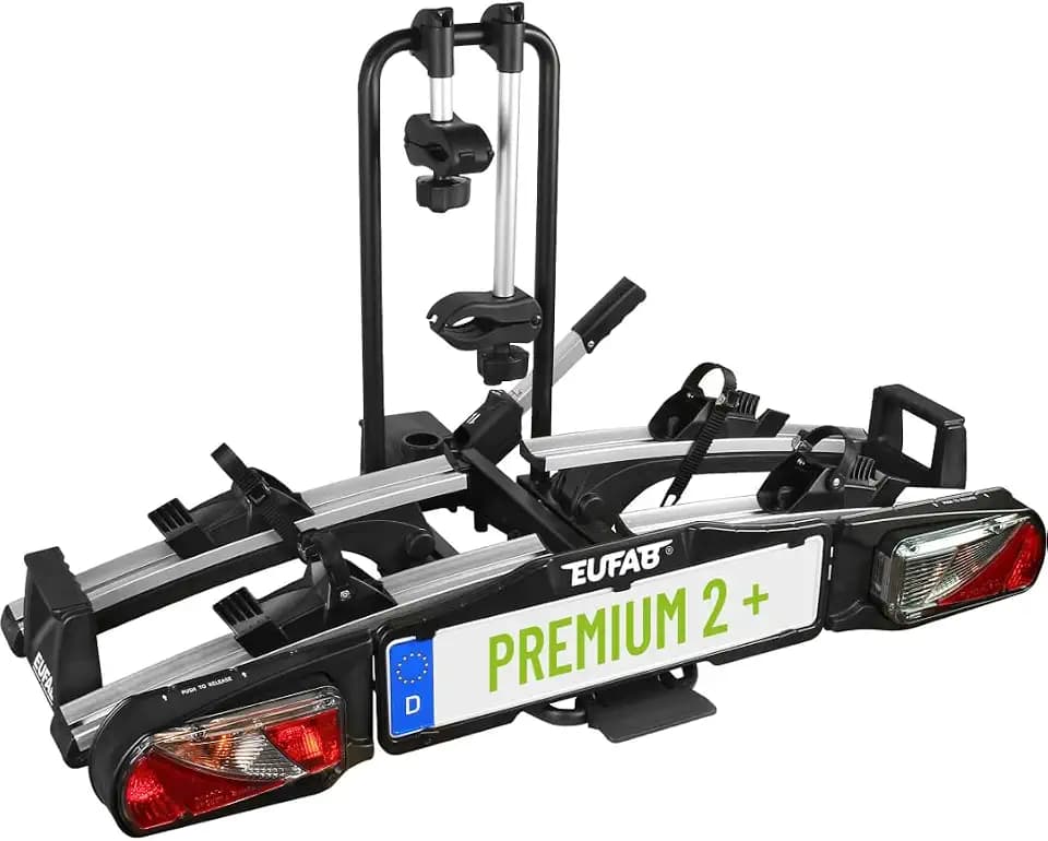 EUFAB 11523 Fahrradträger PREMIUM 2 Plus, E-Bike geeignet, für große Heckklappen, komplett vormontiert, Diebstahlschutz, 2 Fahrräder, Anhängekupplung, Schwarz/Grau, (BxHxT) ca. 115x67x61 cm