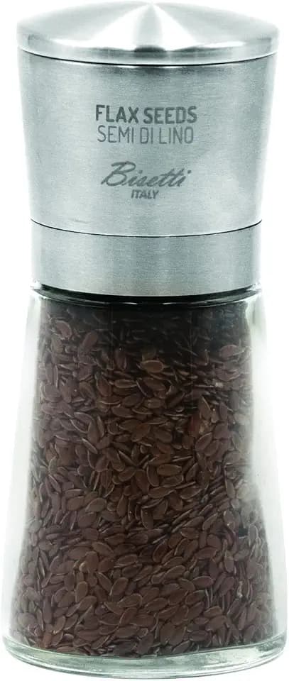 Bisetti Falx Seeds – Spezialmühle mit Deckel aus Edelstahl, hergestellt in Italien, Glas und Metall, Farbe Silber/transparent, Höhe 14,5 cm