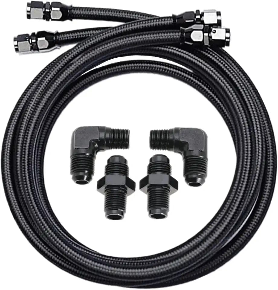 2Set 6AN PTFE Transmission Cooler Lines Set for 4L60 700R4 TH350 TH400 CBC350 TH400 3L80, 7ft Nylon & Stainless Steel Braided Hoses with Fittings (2-Pack) - Automotive Replacement Cooling Line Bundle