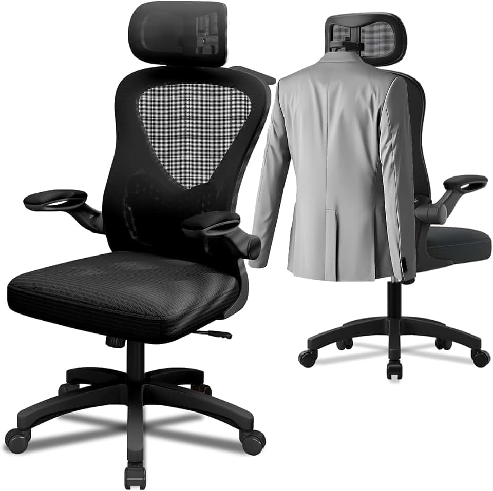 BüRostuhl, Office Chair Mit 90° Hochklappbare Armlehnen und 3D-KopfstüTze, Ergonomischer Netz-BüRostuhl, 10 cm HöHenverstellbar, Weiches 50 X 50 cm Sitzkissen, 360° Drehbar, Schwarz