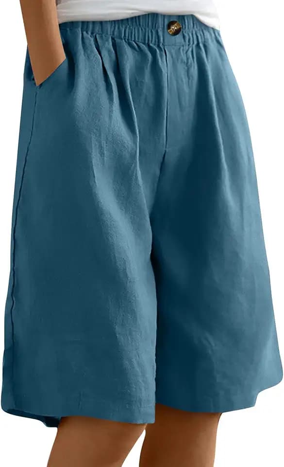 Knielange Shorts Damen Hose kurz Sommer High Waist Short mit Knopf