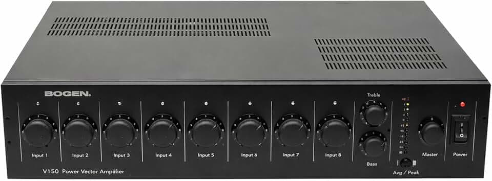 Bogen V150 Power Vector Modular Amplifier, 150 W, 8 Module Bays, 70 V/25V, 8 Ohm/4 Ohm Outputs and Independent Volume Controls, Priority Levels, 11-segment LED Output Level Meter