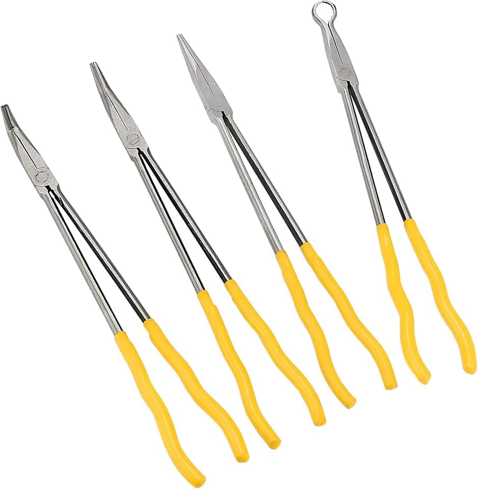 MANCHAP 4 Pieces 16 Inch Extra Long Needle Reach Pliers, Long Needle Nose Pliers Set with Straight, 45 Degree, 90 Degree Angle and Circle Pliers for Tight Space