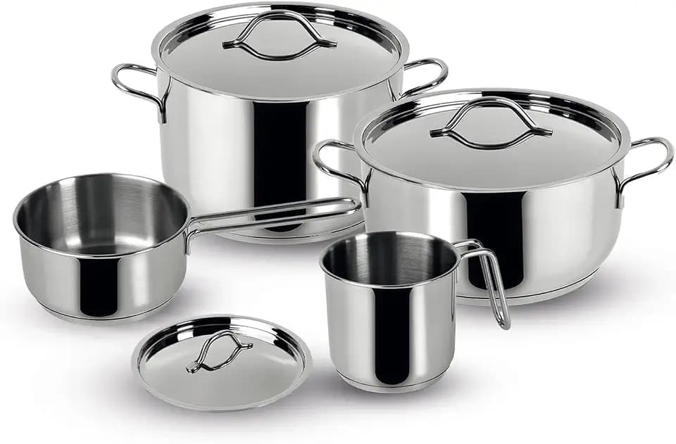 Lagostina Every 7-teiliges Küchenutensilien-Set aus Edelstahl, Stieltopf mit Zwei Griffen, 18 cm, Suppentopf 22 cm, Milchbrei 12 cm, Langer Stieltopf 14 cm und Deckel