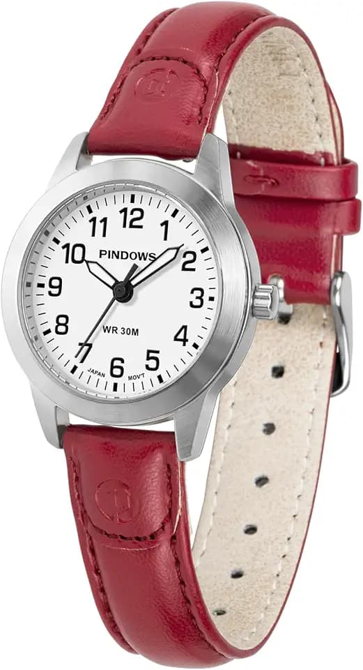 PINDOWS Watches for Women, Small Easy-Read Analog Quartz, Leather Strap