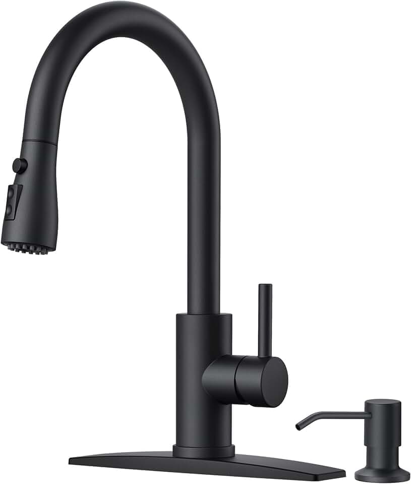 FORIOUS Black Kitchen Faucet, with Soap Dispenser and Pull Down Sprayer