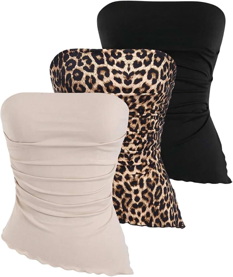 WDIRARA Women's 3 Pack Leopard Print Ruched Strapless Tube Top Bandeau Tops