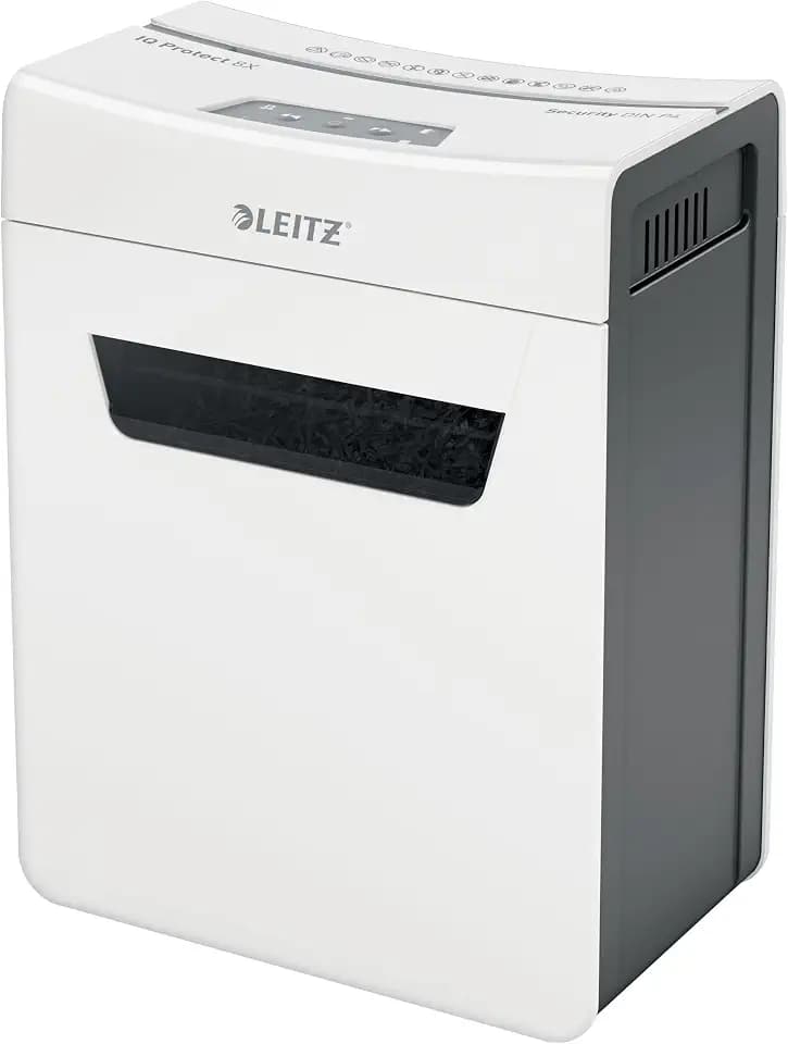 Leitz IQ 8X Premium Aktenvernichter P4, Partikelschnitt, 9-8 Blatt (70-80g/m²), Super leise, kompakt & sauber, TÜV+GS zertifiziert, 14L Behälter, für Büro & Home Office, Protect Serie, Weiß, 80910000