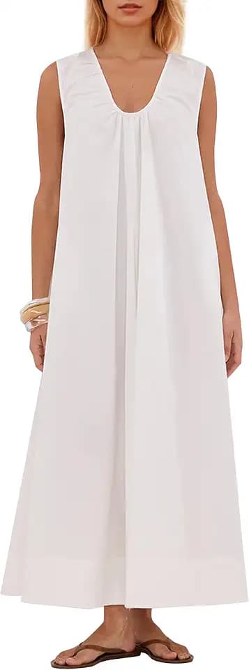 Women Sleeveless Ruched Maxi Dress Scoop Neck Long Elegant Dresses Wide Shoulder Strap Blouse Dress with Side Pockets