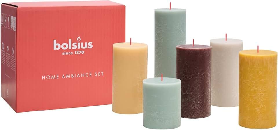Bolsius Rustik Stumpenkerzen - Geschenk Set 6 Stück - Nordic Ambiance - Dekorative Haushaltkerzen - Länge Brenndauer - Unparfümierte - Natürliches Pflanzenwachts - Ohne Palmöl - Mehrere Größen