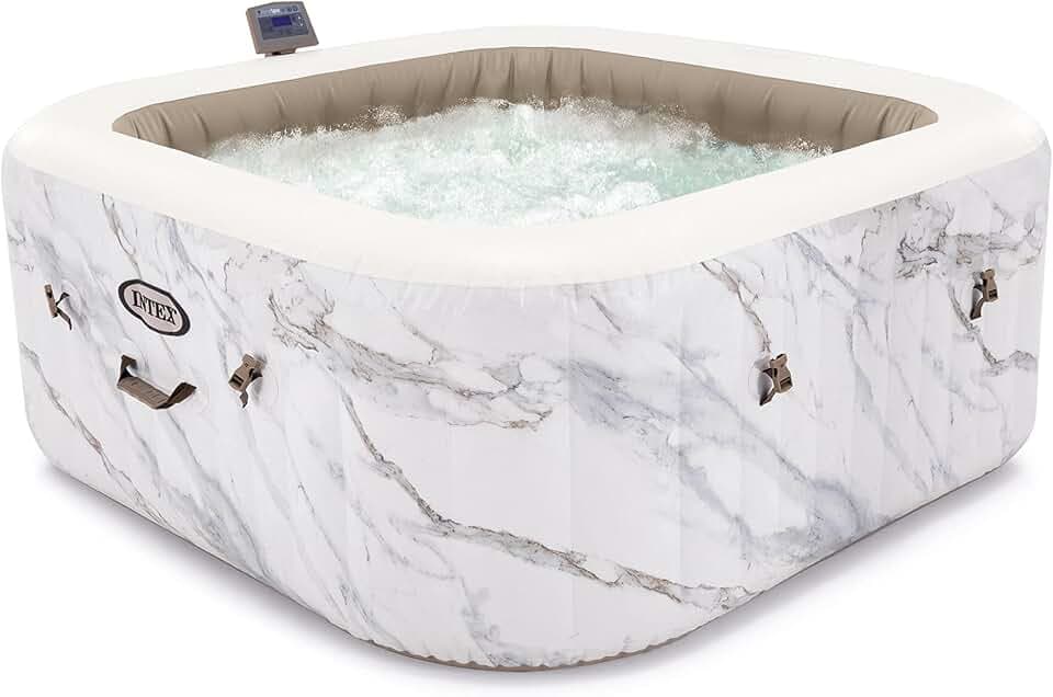 Intex 28464EX - Whirlpool aufblasbar PureSpa Calacatta Quadrat, 4 Personen, 140 Düsen und 4 Jets, Heizung, PVC, Mehrfarbig, 175x175x71 cm