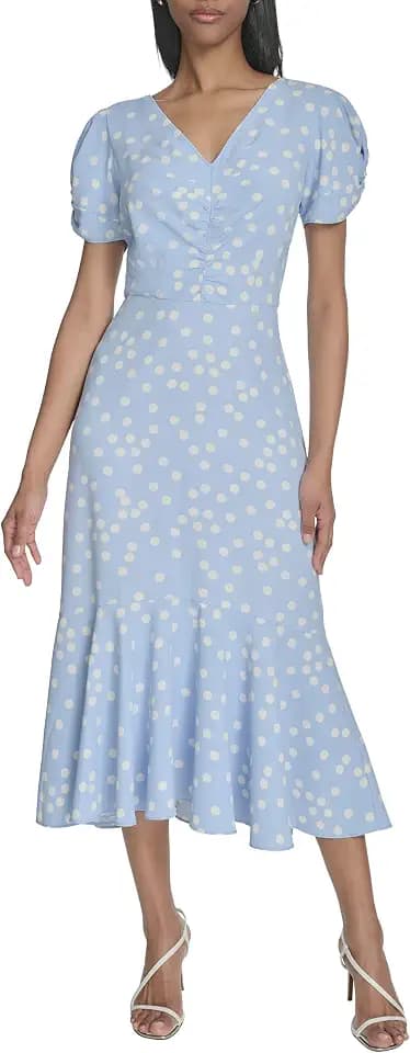 Halston Women's Short Sleeve Center Ruched Printed Dress