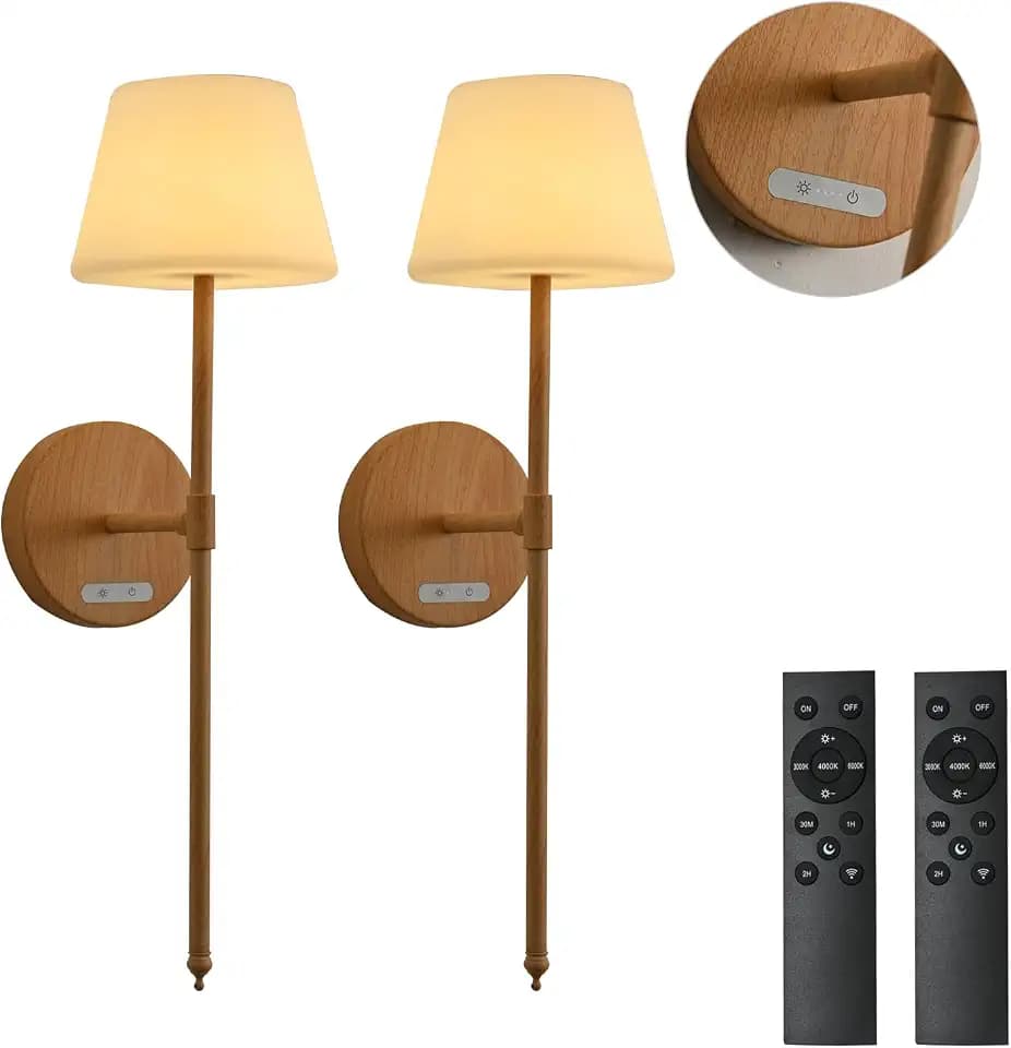 Battery Operated Wall Sconce Set of 2, Rechargebale Wireless LED Wall Lights with Remote Control,3color and dimmable,Cordless Lamps for Bedside Bedroom Living Room Hallway Decor-Wood