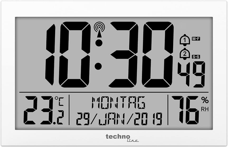 Technoline WS 8016 Funkwanduhr digital mit DCF Funkuhr | Temperatur & Luftfeuchtigkeit | 2 Weckalarme |Kalender | großes LCD Display | Wand- oder Tischuhr | weiß
