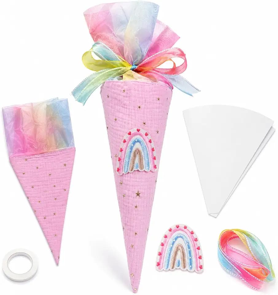 DONGZQAN Kleine Schultüte Mädchen, Zuckertüte Mädchen, Einschulung Geschwister 36 cm Hohe Schultüte Zum Befüllen, Süßigkeitentüte für Schulanfänger, Schulranzen (Rosa)