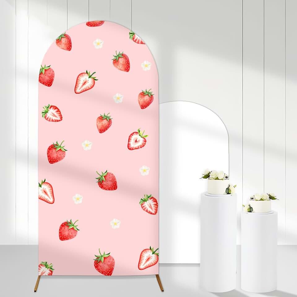 Pink Strawberry Arch Backdrop Covers, 6 Ft Stretchy Arch Backdrop Stand Covers, Berry Sweet Photography Background Arch Stand Covers for Birthday Baby Shower Party Decor