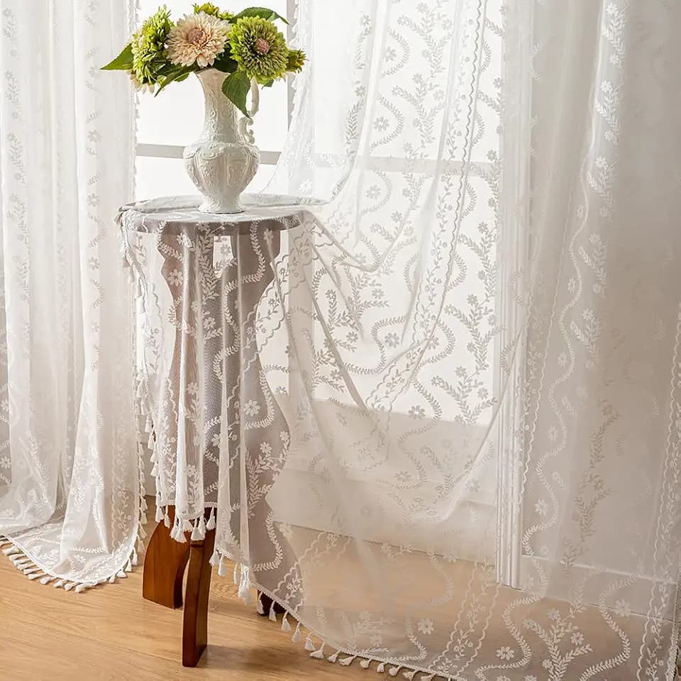 WAZZIO White Boho Lace Curtains 84 Inch -Cute Vintage Victorian Sheer Panel Drape French Country Floral Pattern & Tassel Light Filtering Privacy for Bedroom Dining Living Room,2 Panels,W52 x 84L