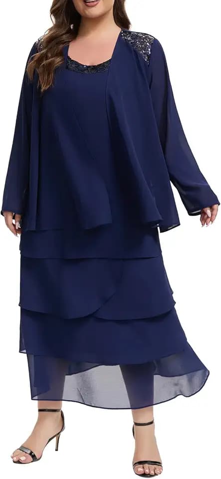 Plus Size Chiffon Mother of the Bride Layered Dress with Jacket 2 Piece Set Sequin Embroidery Wedding Guest Formal Gown