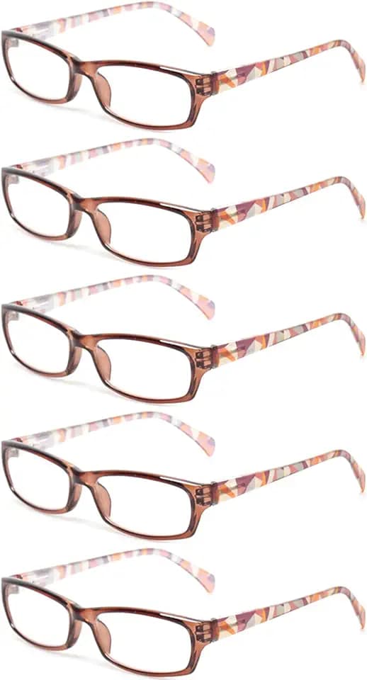 Kerecsen Reading Glasses 5 Pairs Fashion Ladies Readers Spring Hinge with Pattern Print Eyeglasses for Women (5 Brown, 2.25, x)