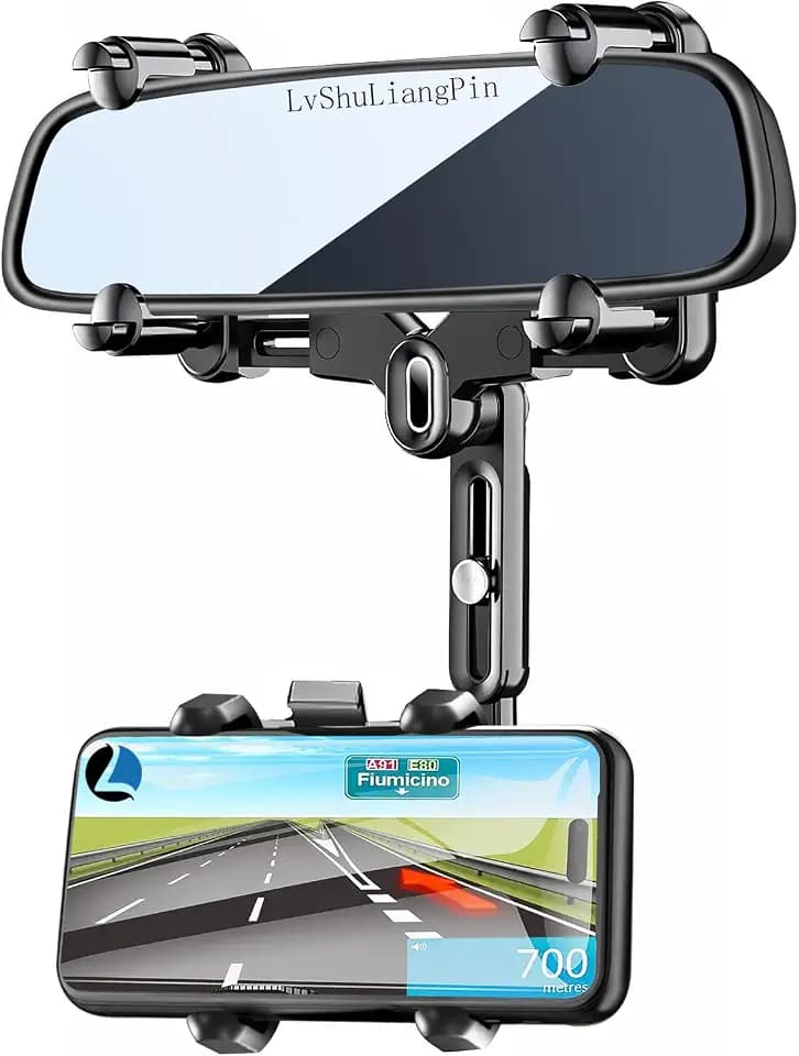 LvShuLiangPin Rearview Mirror Phone Holder for Car, 360° Rotating Rear View Mount with Adjustable Arm Length, Upgraded Four Corners Fixed Anti-Shake Multifunctional Design for All Smartphones