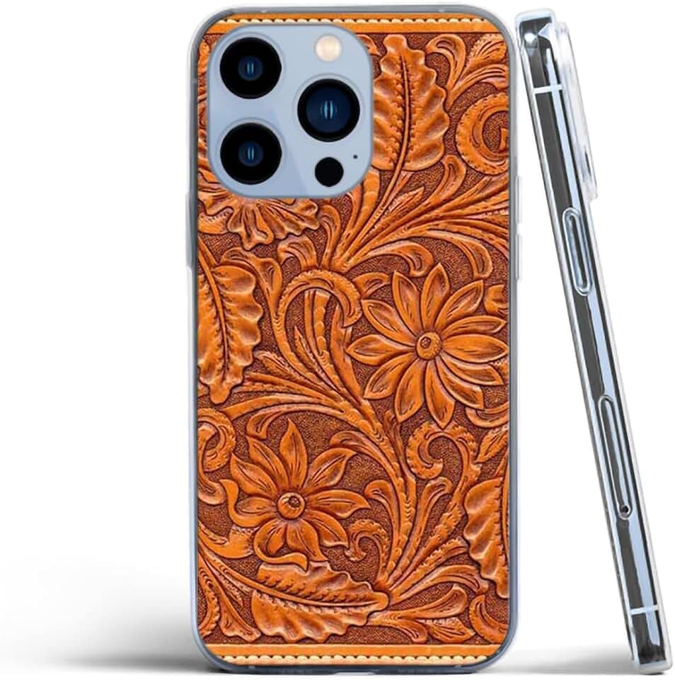 Compatible with iPhone 15 Case Pure Clear Print Tooled Prints Brown Leather Cute Accessories Charm