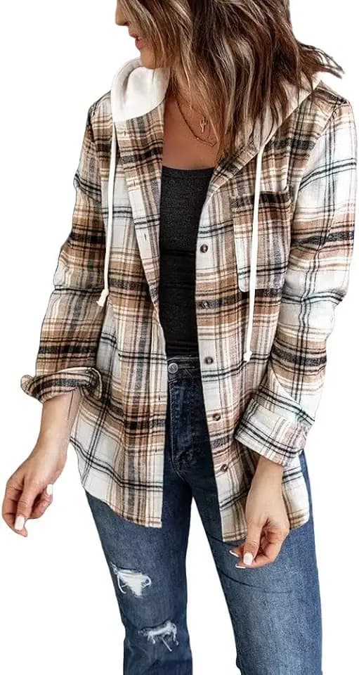 LACOZY Womens Flannel Checked Shirts Hoodies Long Sleeve Oversized Buffalo Plaid Sweatshirt Button Down Jacket Sweater