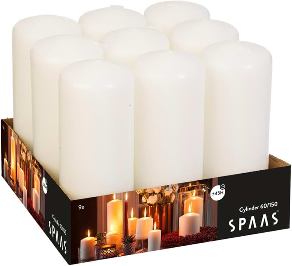 SPAAS 9er-Pack Stumpenkerze 60/150 mm, ± 45 Stunden, ohne Duft - weiß