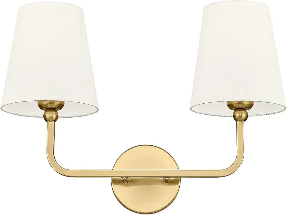 2-Light Brushed Gold Bathroom Vanity Light, Beige Fabric Shades