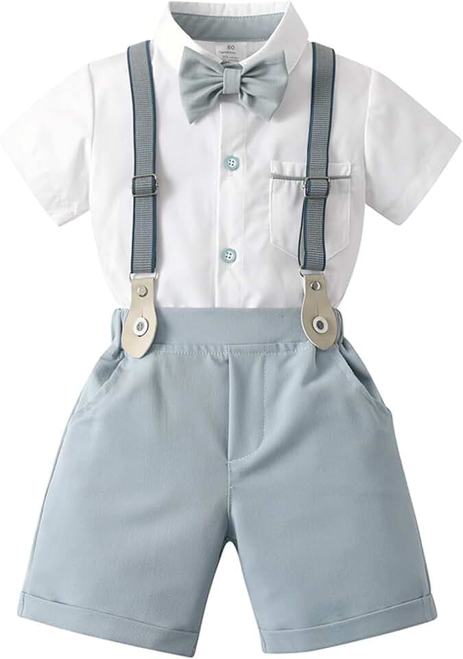 Volunboy Baby Jungen Anzug, Kurzarm Hemd mit Fliege + Hosenträger Shorts Strampler Sommer Bekleidung Set