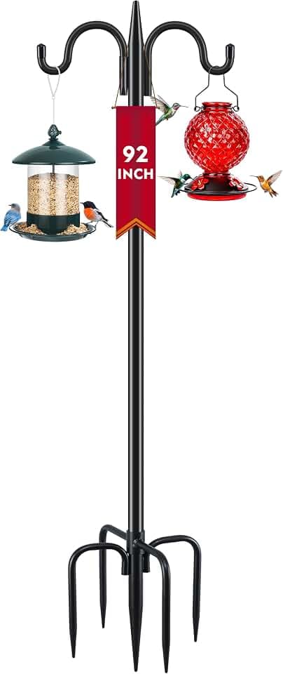 Gtongoko Bird Feeder Pole for Outdoors Heavy Duty, 92 Inch Double Shepherds Hook with 5-Prong Stable Base, 3/4 Inch Thick Hummingbird Feeder Stand for Hanging Plants, Lanterns, 1 Pack