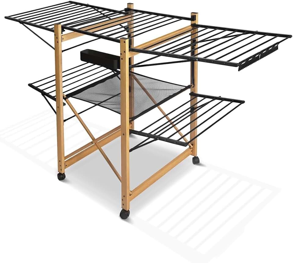 VOUNOT® Wäscheständer ausziehbar, Standtrockner aus Rostfreier Stahl, Flügelwäschetrockner Wäschetrockner mit Rollen & Trockenlänge 30m, platzsparend, klappbar 180x61x105cm, Schwarz