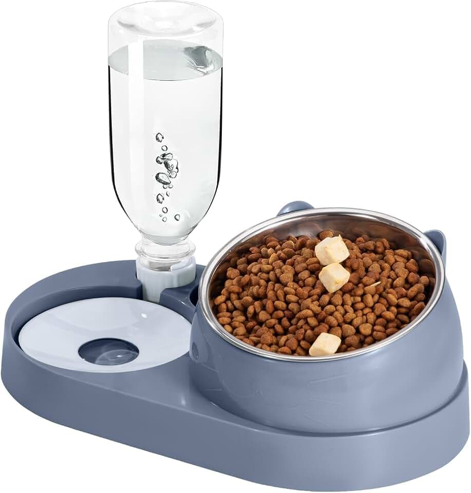 Futterstation Katzen mit Automatischer Wasserflasche 2 In 1 Erhöhte Schüssel Aus Edelstahl Anti-Erbrechen Katzennäpfe für Kleine, Mittelgroße Katzen Hunde Blau
