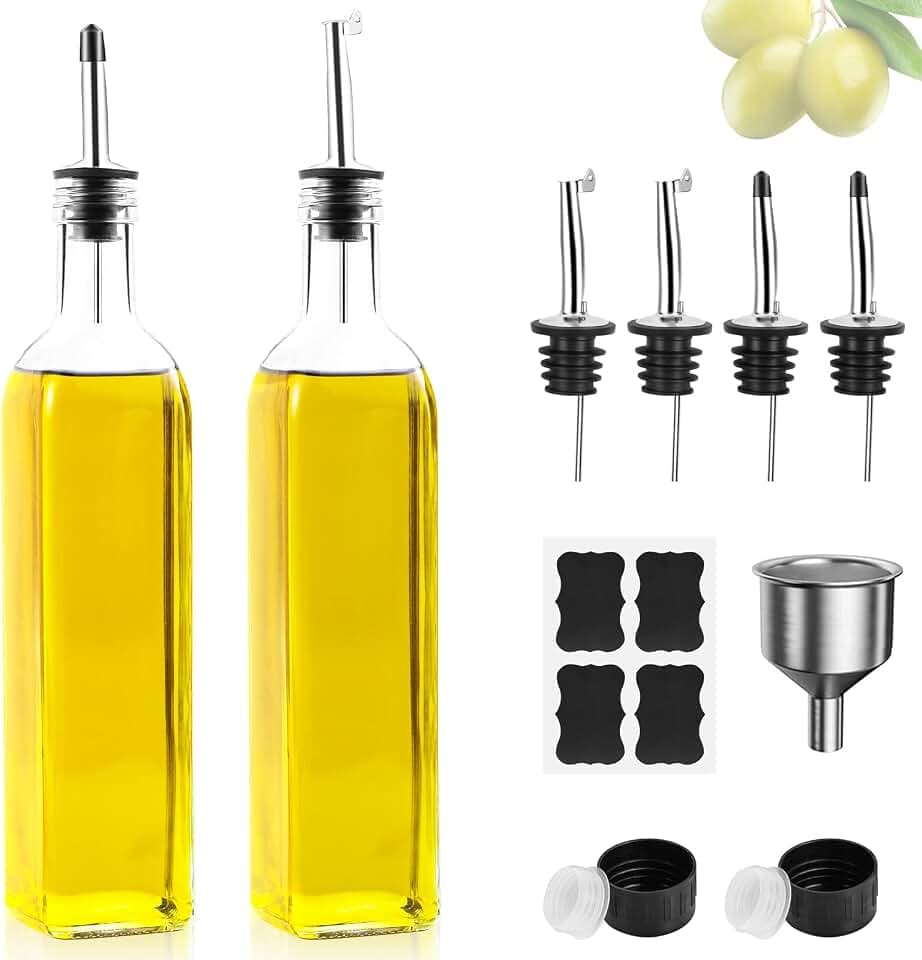 DUNSOO Ölflasche, 2 x 500 ml Essig und Ölspender, Olivenölflasche mit Trichter, Anlaufgeschütztem Deckel, Etikett, Glasflasche für Küche und BBQ