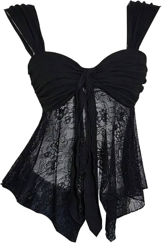 BEAUDRM Women's Y2k Lace Tank Top Sheer Mesh Asymmetrical Flowy Sweetheart Neck Sleeveless Going Out Party Club Rave Tops